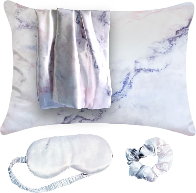 Satin Pillowcase Gift Set for Women – Grey Ivory, Silky Soft, Reduces Frizz | Includes Satin Eye Mask & Scrunchie | for Curly Hair, Sensitive Skin | Gift for Mom, Daughter, Girlfriend