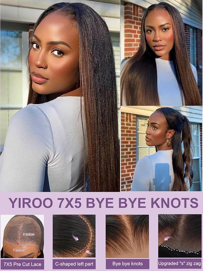 YIROO Bye Bye Knots Chestnut Brown Ombre Light Yaki Straight Wig Human Hair,7x5 Lace Front Glueless Wig with Drawstring,Pre Cut Pre Plucked Pre Bleached Knots Natural Hairline Wig for Women 24Inch