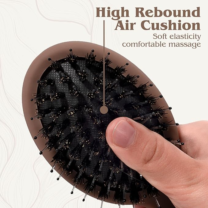 Mini Boar Bristle Hair Brush - Boar & Nylon Bristle Small Brush for Women Kids Long Short Hair to Smooth Add Shine - Travel Size Hair Brush for Purse,Pocket - Brown