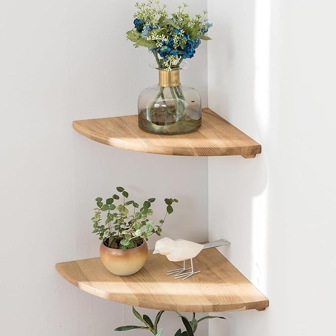Corner Shelves, Floating Corner Shelf, Set of 2 Solid Oak Wood Wall Shelves, Round End Wall Mount with Wire Hole Shelving for Small Plant for Bedroom Kitchen, Living Room (Oak, 7.1in 2P)