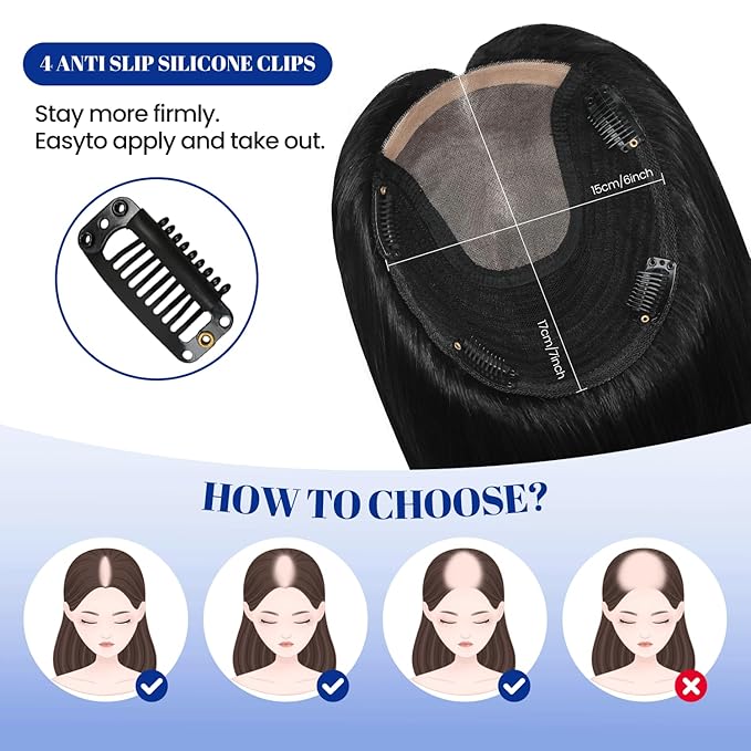 WORLDSTAR Hair Toppers for Women Real Human Hair No Bangs 6 * 7 Inch Base 14 Inch 65g #1 Jet Black with Hand-Tied Invisible with Thinning or Grey Roots (tp#1-14