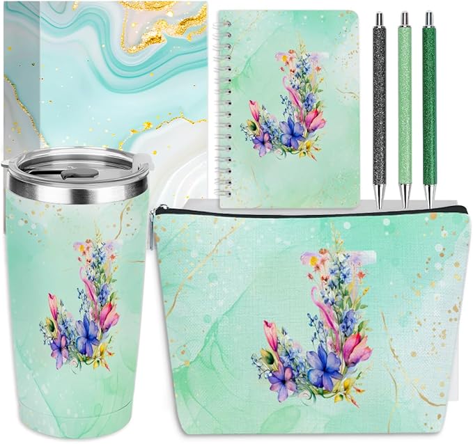 Personalized Gifts Monogrammed Birthday Gifts for Women, Maid of Honor Bachelorette Wedding Christmas Initial 20 oz Tumbler, Makeup Bag Cup Pens Journal Notebook 6 Set, (Aesthetic Green Flower J)