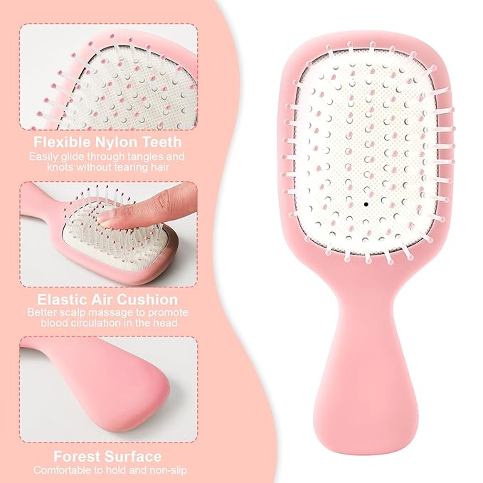 Mini Hair Bursh for Women Men and Kids, Protable Travel Size Hair Brush for Pockets Purses, Mini Detangler Brush for All Hair Types, Small Paddle Brush for Detangling (1 Pack-Pink)