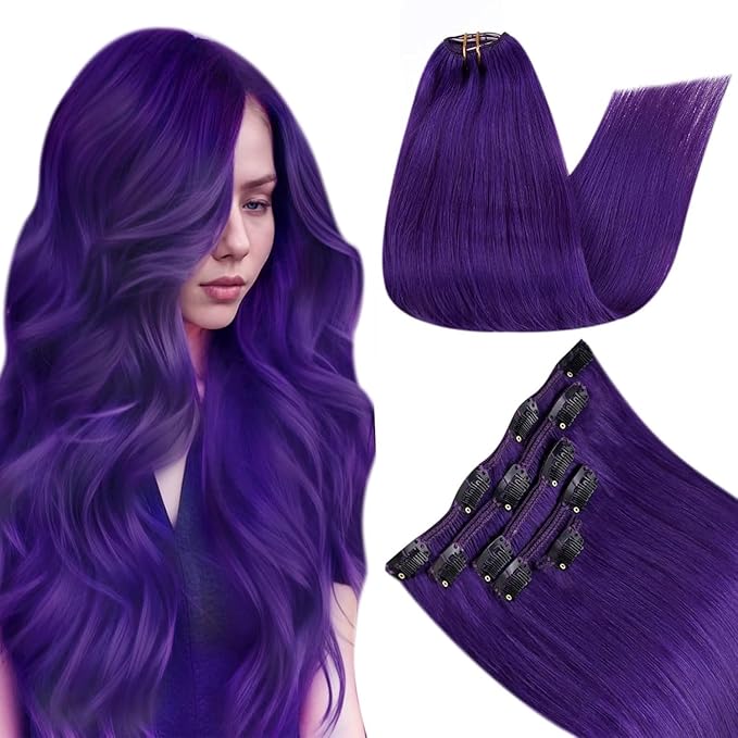 RUNATURE Purple Clip in Hair Extensions Human Hair 18 Inch 70g Full Head Colored Purple Hair Extensions Clip Ins for Women Real Remy Hair Double Weft Fashion Color