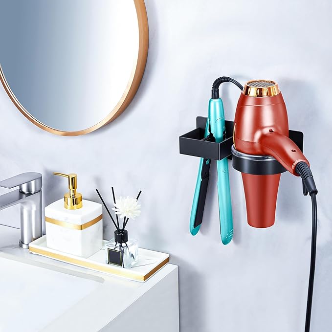 Blow Dryer Holder Wall Mounted, Hair Straightener Holder, Hair Dryer Holder Adhesive, Hair Tool Organizer for Flat Iron, Hairdryer, Curling Iron Holder for Bathroom Vanity Barber Shop (Black)