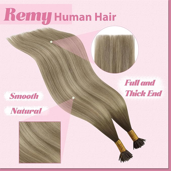 YoungSee I Tip Hair Extensions Ombre Itip Human Hair Extensions Ombre Dark Brown to Brown with Blonde Keratin Tip Extension 18In Cold Fusion Hair Extension Balayage 60s 50g
