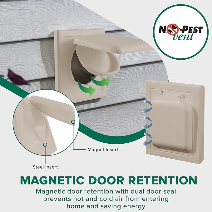 NO-PEST VENT MetalGuard, Dual Door Dryer Vent Cover Outdoor 4 Inch, Powder-Coated Heavy Duty Steel, Pest Proof, Rust Resistant, Safe & Efficient Vent Cap (Tan, 4" Steel With Collar)