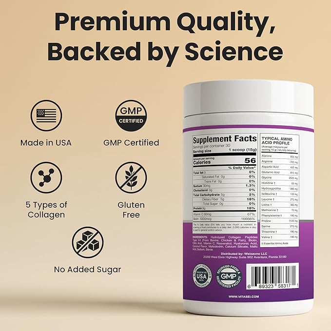 VITASEI Hydrolyzed Collagen Peptides Powder with Resveratrol & Vitamin C – Hair, Skin & Joint Support – Colágeno Hidrolizado for Women & Men – Soy-Based Formula – Coconut Flavor, 16 oz (30 Servings)