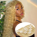 Clip in Hair Extensions Blonde Kinky Straight Human Hair Clip Ins 18inch 110g 8pcs Straight Blonde Hair Extensions for Women Natural Hair Clip Ins Human Hair for Women