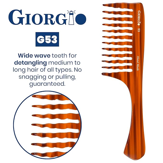 Giorgio G53 Wide Tooth Comb for Curly and Thick Hair - Handmade Detangler Rake Comb for Wet or Dry Hair, Hand Polished (8")