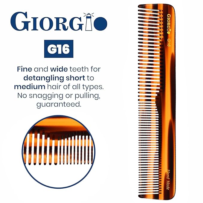 Giorgio G16 Fine Tooth and Wide Tooth Detangler Comb - Hair Comb for Men and for Women - Ideal as a Hair Styling Barber Comb and Detangler - Saw Cut and Handmade (Tortoiseshell)