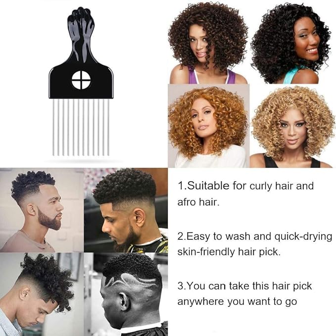6Pcs Afro Picks Metal Hair Combs, 3 Sizes Steel Teeth Hair Pick for Curly, Coily, Natural Hair, Detangling & Styling Comb for Men Women (Black)