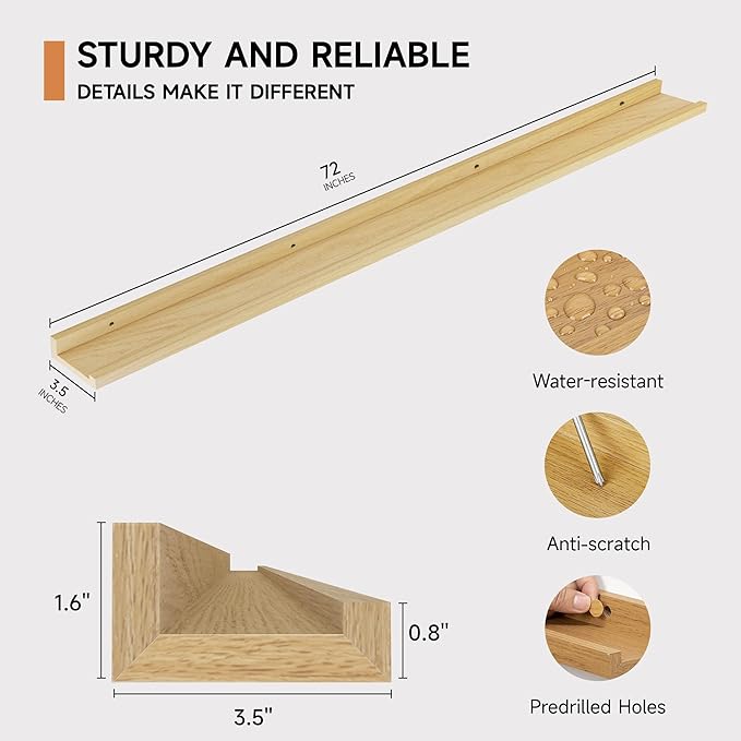Floating Picture Ledge Shelves for Wall Set of 2, 72 Inches Picture Ledge Shelf with Long Large Nursery Book Shelf for Toys Storage Kids Bookshelf Wall Mounted Living Room Bedroom Decor Frames, Oak