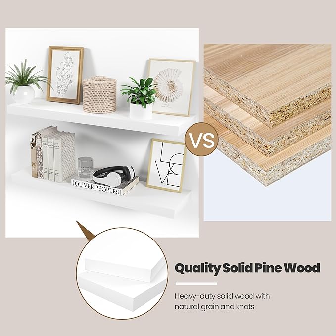 Floating Wood Shelves for Wall 24 Inches x 8”x 1.4” Shelf Floating Home Decor, Heavy Duty Shelf Hold 60 lbs, Wall Shelves for Bathroom Living Room Kitchen Bedroom Office - Set of 2 White