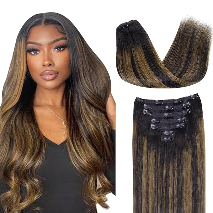 Lashey Human Hair Extensions Natural Black Mixed Chestnut Brown Clip in Hair Extesnions Straight 120g 7pcs Human Hair Clip ins 18 Inch Hair Extensions for Black Women Real Soft