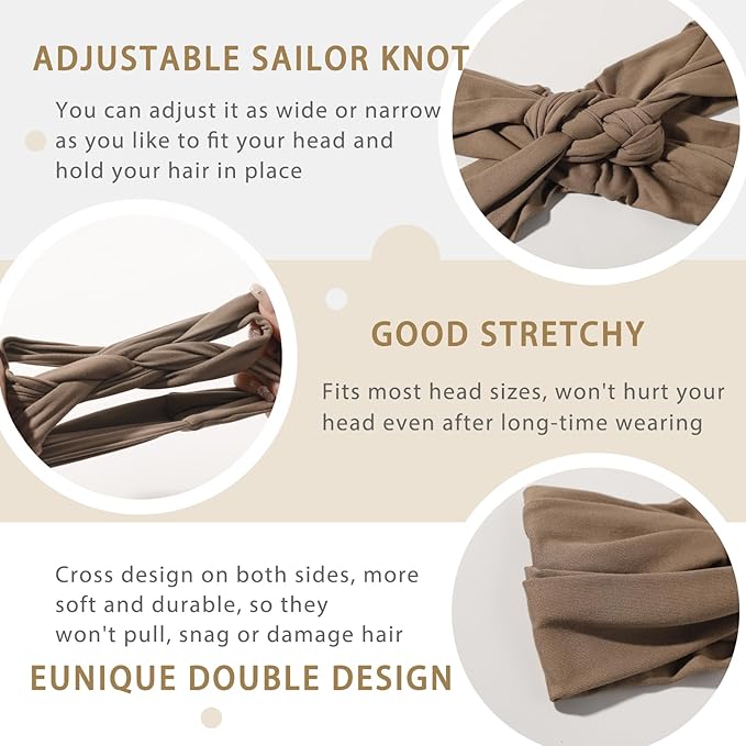 Vercret Headbands for Women Wide Sailor Knot Braided Headband Adjustable Hair Bands Non Slip for Girls Boho Stretchy Turban Headwrap Yoga Workout, Solid Color, 6Pcs
