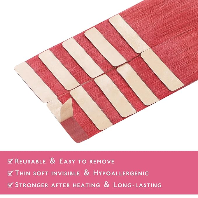 WENNALIFE Tape in Hair Extensions Human Hair Coral Red Tape in Extensions, 10pcs 25g 16 inch Remy Invisible Tape Ins Straight Colored Soft Real Human Hair Tape in Extensions Refill Set Extensions