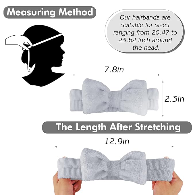 Zkptops 6Pcs Spa Headband for Washing Face Wristbands Set Women Bubble Skincare Makeup Sponge Terry Cloth Padded Puffy Headband Bow Tie Hairband Cute Non Slip Thick Hair Accessory Gifts (Grey)
