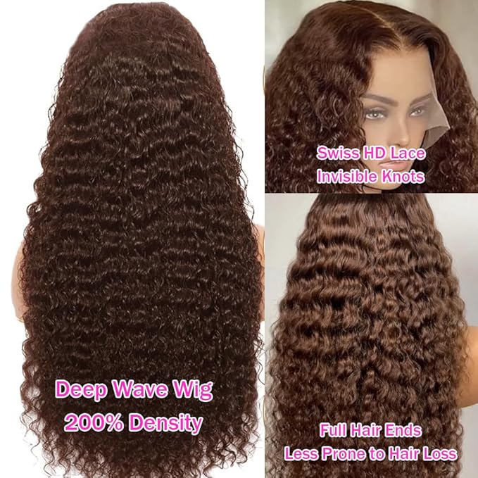 Anderah Chocolate Brown Deep Wave Lace Front Wigs Human Hair 200 Density 13x6 HD Lace Frontal Wigs Curly Human Hair Wig For Women Pre Plucked with Natural Hairline 4# Brown Color (28inch)
