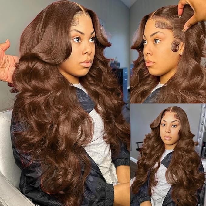 13x6 Body Wave Lace Front Wigs Human Hair Chocolate Brown Wig Human Hair Pre Plucked With Baby Hair 180 Density 4# Colored Brown HD Lace Frontal Wigs for Women 28Inch