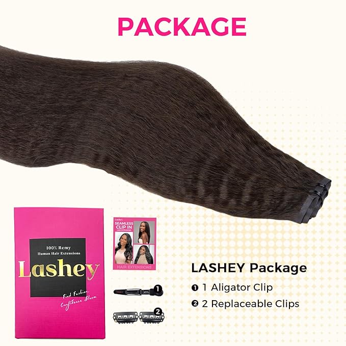 Lashey Seamless Clip in Hair Extensions Human Hair #2 Dark Brown Kinky Straight Clip in Hair Extensions Real Human Hair 7pcs 110g 24 Inch PU Weft Clip ins for Women