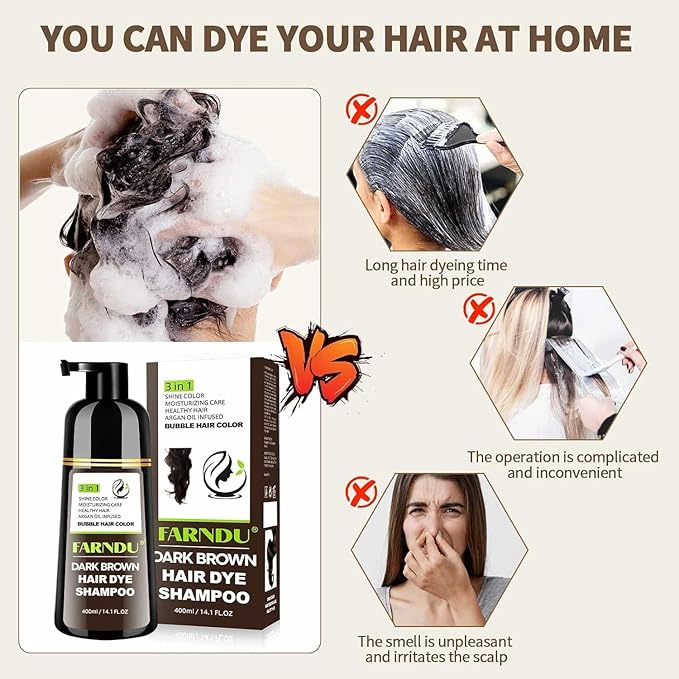 Dark Brown Hair Dye Shampoo, 3 in 1 Instant Hair Color with 15 Min Gray Coverage, Natural Semi-Permanent Herbal Shampoo for Men & Women