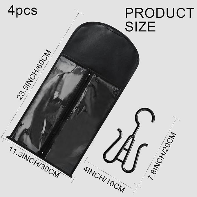 Jonley 4Pcs Wig Storage Wig Bags Storage with Hanger, Wig Storage Bag with Hair Extensions Wigs and Accessories, Breathable and Easy to Carry Home Hair Salon Travel Available (Black 23.5in)
