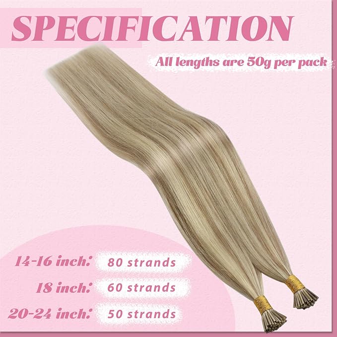 YoungSee Itip Hair Extension Real Human Hair Blonde I Tip Hair Extensions Golden Blonde Highlight I-Tip Hair Extension 24 Inch Hair Extension Keratin for Long Hair 50g 50s