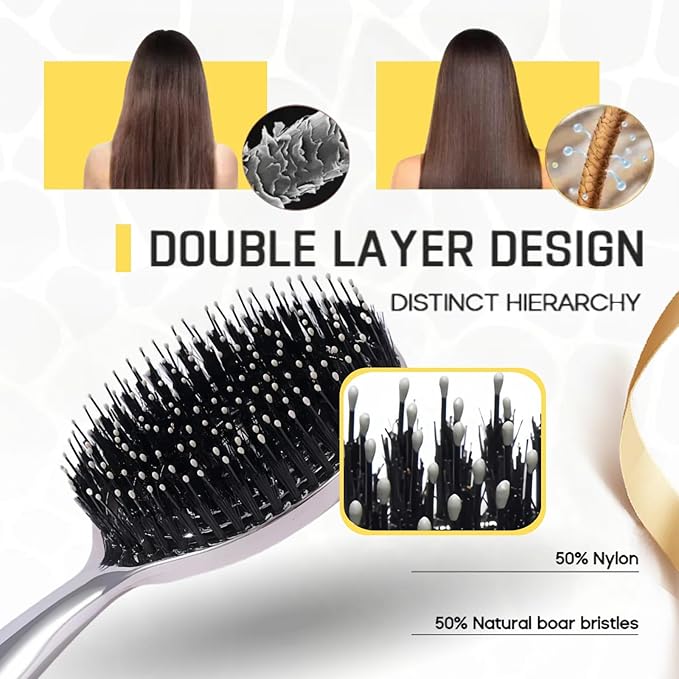 Vented Hair Brush Wet Dry Hair Brush for Quick Flat Blow Drying with Natural Boar Bristles Elastic Scalp Massage Brush Double Layer Design for Smooth Hair（Chrome Silver）