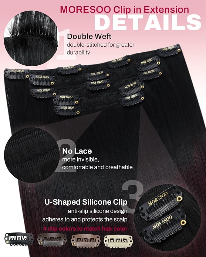 Moresoo Red Wine Clip in Hair Extensions Human Hair Balayage Natural Black to Dark Red Hair Extensions Clip ins Short Ombre Black to Burgundy Double Weft 80g/5pcs 14 inch
