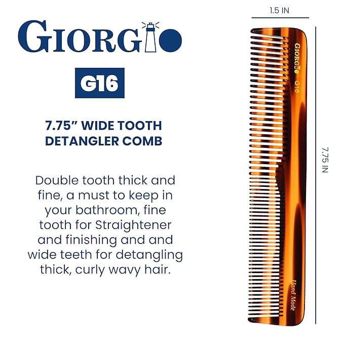 Giorgio G16 Fine Tooth and Wide Tooth Detangler Comb - Hair Comb for Men and for Women - Ideal as a Hair Styling Barber Comb and Detangler - Saw Cut and Handmade (Tortoiseshell)
