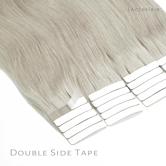Lacer Tape in Hair Extensions - Human Hair, 20 Inch, Natural Grey Silver, Seamless, Silky Straight, 20pcs, 50grams