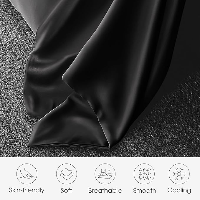 100% Silk Pillow Cases 2 Pack King Size Mulberry Silk Pillowcase for Hair and Skin Set of 2 Highest Grade 6A Silk Soft Breathable Cooling with Hidden Zipper, Black