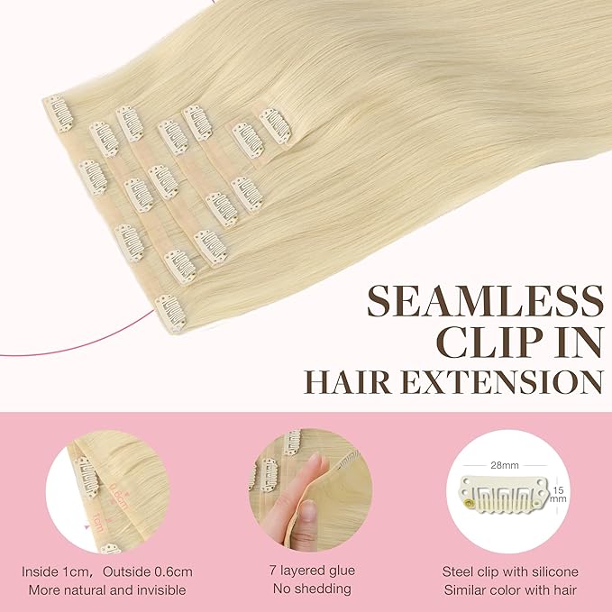 GOO GOO Clip in Hair Extensions Real Human Hair, Remy Human Hair Extensions Clip ins for Women, Natural Human Hair, 24inch 120g 7Pcs, 60A Platinum Blonde