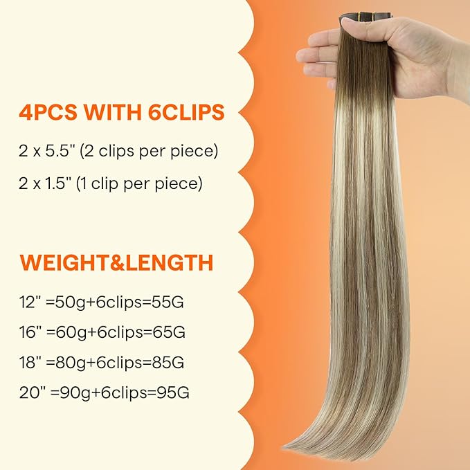 Full Shine Dark Brown Seamless Clip In Hair Extensions, Brown to Ash Brown Highlight Medium Blonde Balayage Clip ins, PU Skin Weft Natural Remy Human Hair Extension, Coverage 4Pcs 20Inch 95 Grams