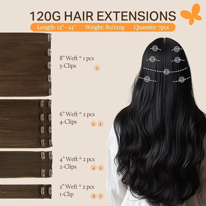 DOORES Clip in Hair Extensions Chocolate Brown 120g 7pcs 16 Inch Remy Human Hair Clip in Extensions Natural Hair Straight