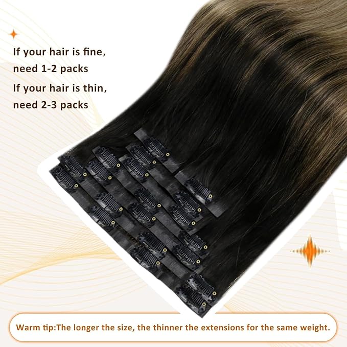 Full Shine Clip in Human Hair Extensions 20 Inch Black with Light Brown Highlights Blonde Seamless Clip ins for Women PU Weft Remy Hair Thick Ends 8 PCS 120G