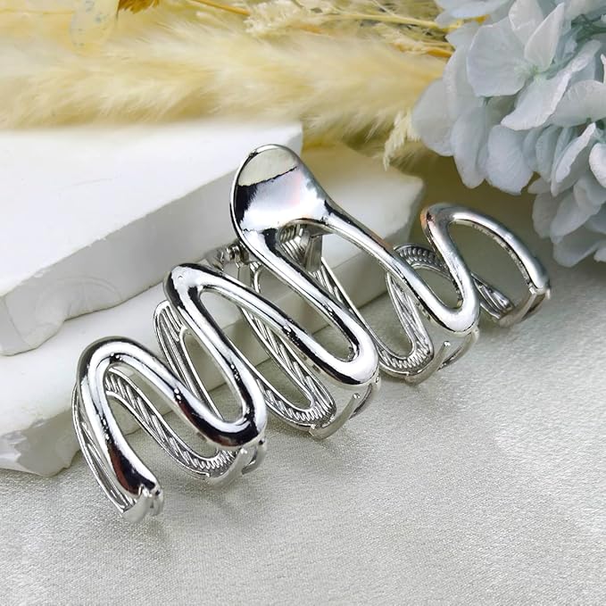 Metal Snake Shape Hair Claw Clips - Silver Line Creative Fashionable Hair Accessories for Women with Thick Hair
