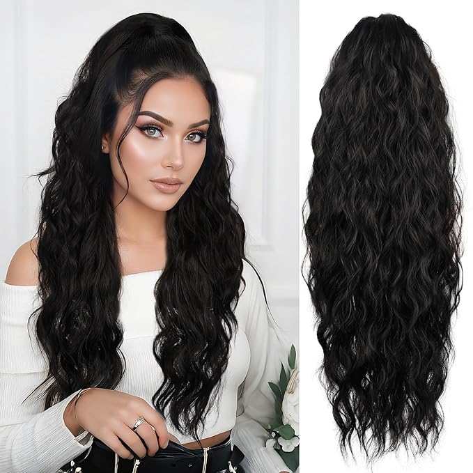 LEEONS 26 inch Drawstring ponytail Extension, Black Long Wavy pony tails hair extensions for Women - Synthetic Hairpiece Ponytail for Daily Use (Black)