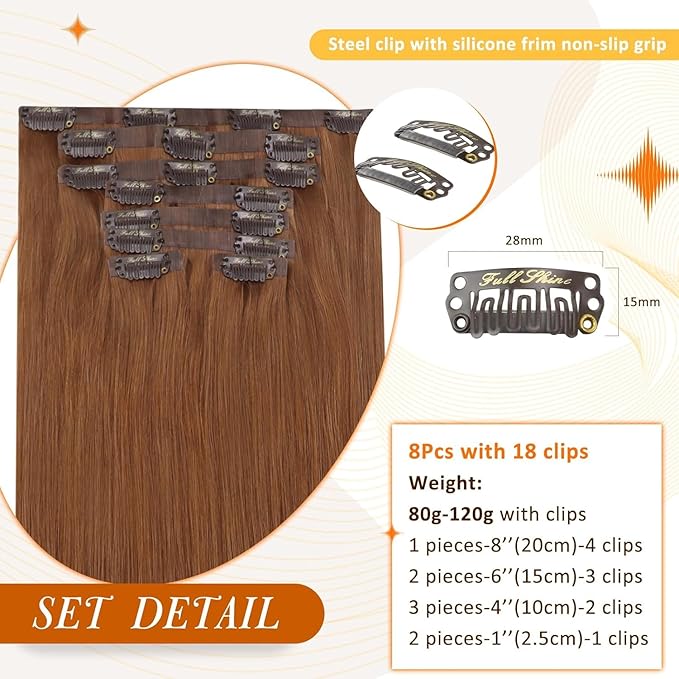 Full Shine Seamless Hair Extensions Clip in Copper Brown Clip in Hair Extensions Brown Seamless Clip ins Straight Brazilian Hair Ease of Use 14 Inch 8 PCS 120 G
