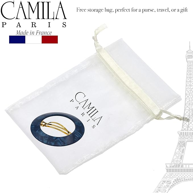 Camila Paris CP3257 French Hair Barrette Clip for Girls, Round Handmade Blue, Strong Hold Grip Hair Clips for Women, No Slip and Durable Styling Girls Hair Accessories, Made in France