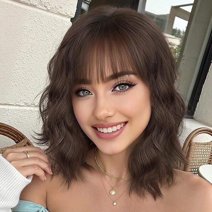 Nnzes Short Wavy Bob Wig with Bangs for Women Shoulder Length Curly Soft Coffee Brown Synthetic Heat-Resistant Fiber Hair for Daily & Party Use