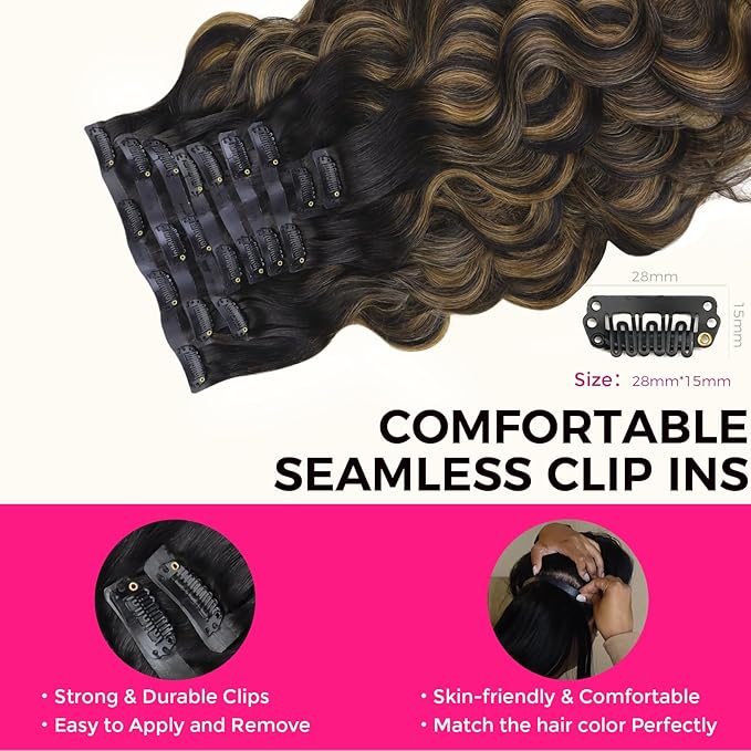 Lashey Seamless Clip in Hair Extensions Human Hair 150g 9pcs 20 Inch Body Wave Natural Black Mixed Chestnut Brown Clip in Hair Extensions for Women