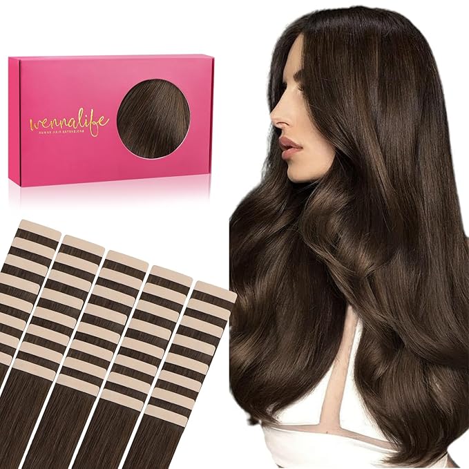 WENNALIFE Tape in Hair Extensions Human Hair, 40pcs 80g 12 inch Chocolate Brown Hair Extensions Real Human Hair Straight Tape in Extensions Invisible Human Hair Extensions Reusable Real Hair Extension