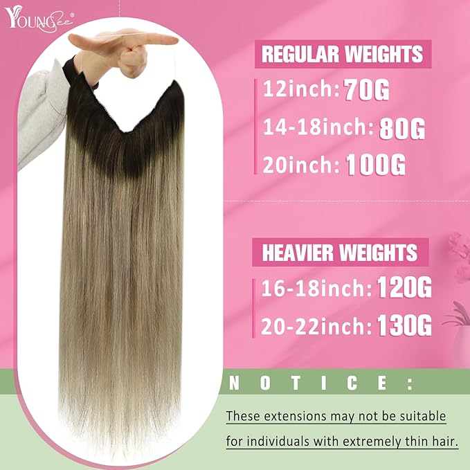 YoungSee 120G Invisible Wire Hair Extensions Ombre Wire Human Hair Extensions Walnut Brown Balayage Light Brown with Blonde Human Hair Fish Line Extension Easy to Wear 18inch