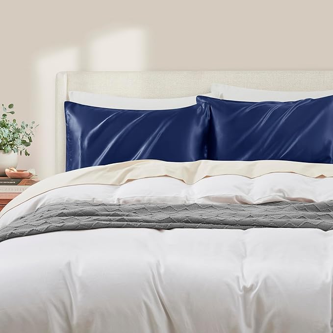 Navy Blue Satin Pillowcase Standard Set of 2 with Envelope Closure，Navy Blue Silk Pillowcase for Hair and Skin (20x26)