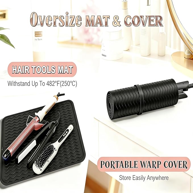 Heat Mat for Curling Iron, Oversize Silicone Resistant Mat for Hair Tools, Hot Pad for Hair Straightener, Flat Irons and Hot Hair Styling Tools Home Travel Gym Salon (15.7" x 11.8")