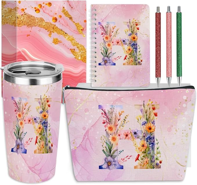 Personalized Gifts Monogrammed Birthday Gifts for Women, Bridesmaid Bachelorette Party Christmas Initial 20 oz Tumbler, Makeup Bag Cup Ballpoint Pens Journal Notebook 6 Set, (Aesthetic Pink Flower H)