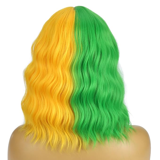 BERON 14 Inches Green Yellow Wig for Women Girls Short Curly Wig Green Yellow Split Wig with Bangs