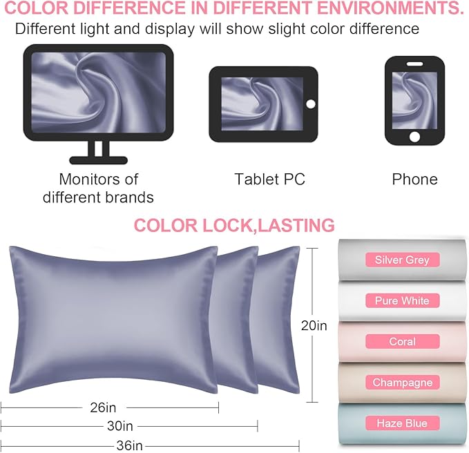 Mulberry Silk Pillow Cases 2 Pack Standard Size 20x26 Inches with Hidden Zipper, Ultra Smooth and Soft Breathable Cooling Silk Satin Pillowcase Set of 2, Better for Hair and Skin, Gifts for Women Men